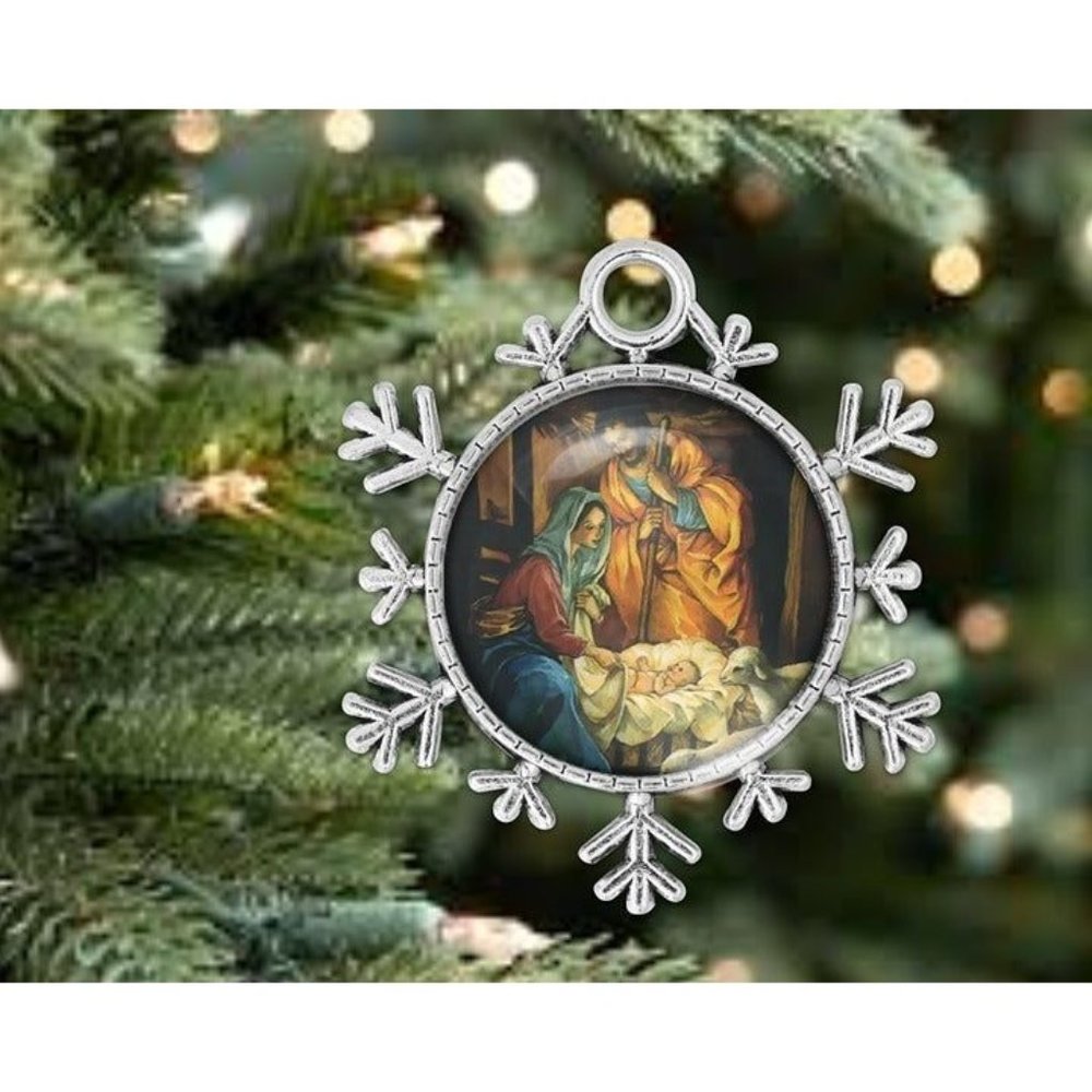 Christmas Manger Bethlehem Faith Religious Faith Silver Snowflake Ornament New